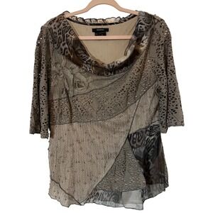 Radzoli Top Size M Y2K Whimsigoth Distressed Lace Animal Print Mesh Cowl Neck